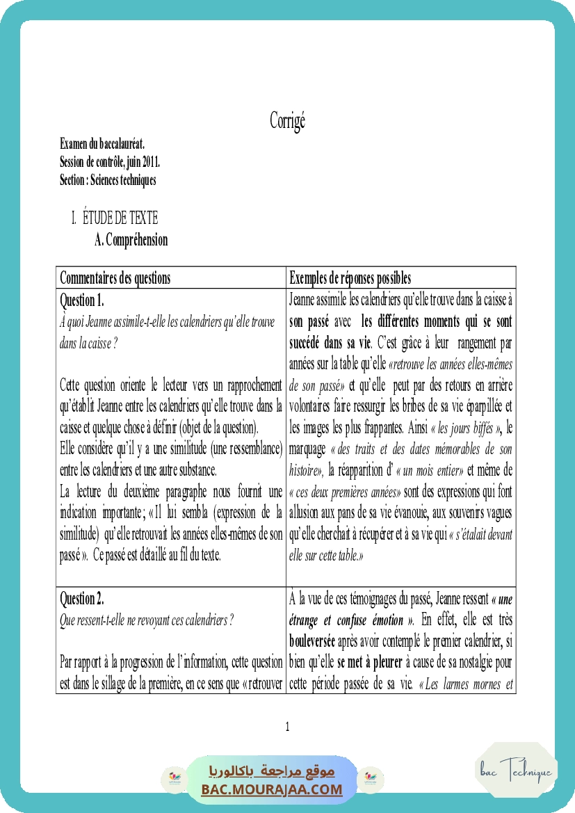 Corrigé controle francais Bac 2011 – Section technique